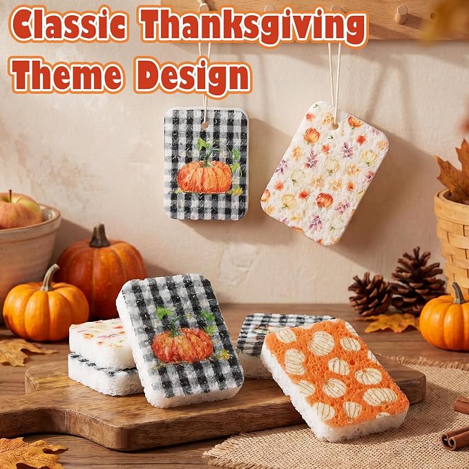 Hahafelt 36 Pack Fall Pumpkin Compressed Cellulose Sponges Bulk Pop up Autumn Natural Kitchen Compostable Non Scratch Dish Sponges for Washing Dishes, Cleaning Countertop Sink