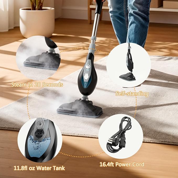 12 in 1 Steam Mop, Handheld Steam Cleaner with 2 Washable Pads, Floor Steamer for Hardwood and Tile, Multipurpose Floor Cleaner Machine for Carpets, Furniture, Windows, Black and Grey