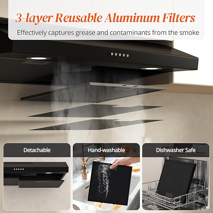 FIREGAS Black Range Hood 30 Inch Under Cabinet, Ducted/Ductless Convertible Kitchen Hood, 300 CFM, 3 Speed Exhaust Fan, Brushless DC Motor, Stove Hood Vents for Kitchen with LED Lights