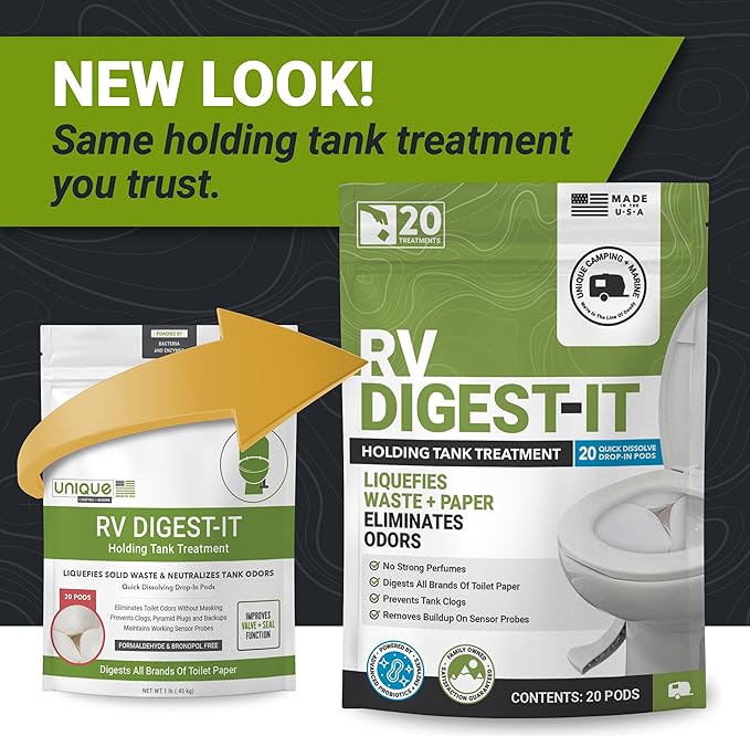 Unique RV Digest-It RV Toilet Treatment, Drop-In Pod - Convenient, Dissolvable, Mess-Free - Eliminates Odors and Liquifies Waste (20 Pods) Amazon Exclusive Packaging