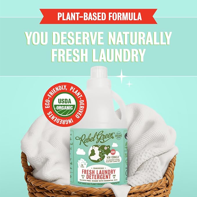 Rebel Green Organic Laundry Detergent - Natural Laundry Soap - Liquid Laundry Detergent with Dispenser Cup - Gentle Laundry Detergent - Frankincense - (68 Load Bottles, 2 Pack)