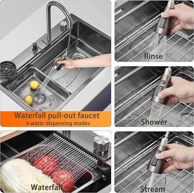 34 x 19.7 Inch Black-Grey Stainless Steel Waterfall Kitchen Sink, Multifunctional Single Bowl Modern Kitchen Sink with Pull-Out Spray Faucet, Cup Washer, and Accessory