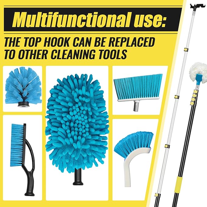 7-24 ft Telescopic Extension Pole with Utility Hook, Multi-Purpose Aluminum Pole for Painting, Dusting and New Year Window Cleaning Christmas Lights Installation Without a Ladder(Yellow)