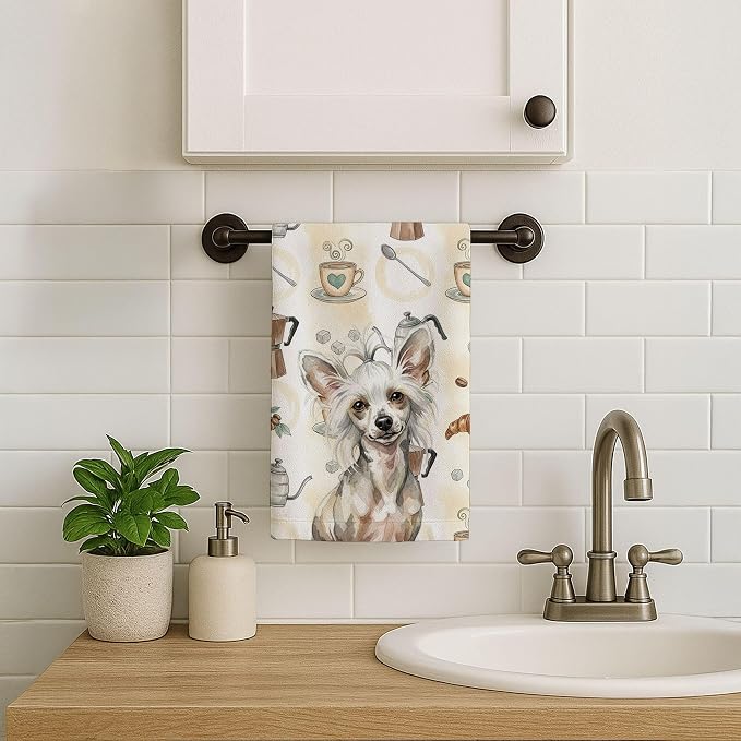 Caroline's Treasures Hairless Mottled Pattern Chinese Crested Coffee Bar Kitchen Towel Velour Plush Front and Cotton Loop Back Machine Washable