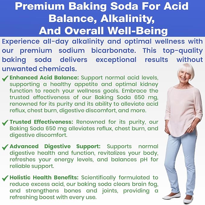 Natural Baking Soda Capsules - 650mg Baking Soda Tablets for Kidney & Stomach Acid - Sodium Bicarbonate Pills, Bicarbonate of Soda, Bicarbonato de Sodio para Tomar, Sodium Bicarbonate 650 mg 2-Pack