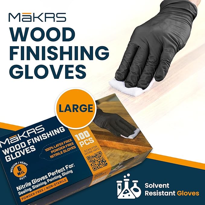 MāKRS Wood Finishing Bundle – 3-Pack Staining Pads & Large 6 Mil Nitrile Gloves – Lint-Free Applicator Pads and Latex-Free Disposable Gloves for Wood Stain, Paint, and Finish Projects