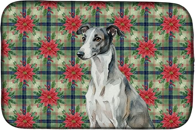 Caroline's Treasures Black and White Greyhound Christmas PoinsettIas Dish Drying Mat Absorbent Dish Drying Mat Pad for Kitchen Counter Dish Drainer Mat for Countertop, 14 x 21", Multicolor