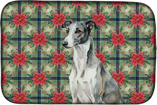 Caroline's Treasures Black and White Greyhound Christmas PoinsettIas Dish Drying Mat Absorbent Dish Drying Mat Pad for Kitchen Counter Dish Drainer Mat for Countertop, 14 x 21", Multicolor