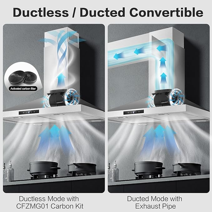 Range Hood 30 inch Stainless Steel, Wall Mount kitchen Hood Ducted/Ductless Convertible, Vent Hood w/ 3 Speeds, Touch Control, 5-Layer Mesh Filters, Energy-Saving LED Lights