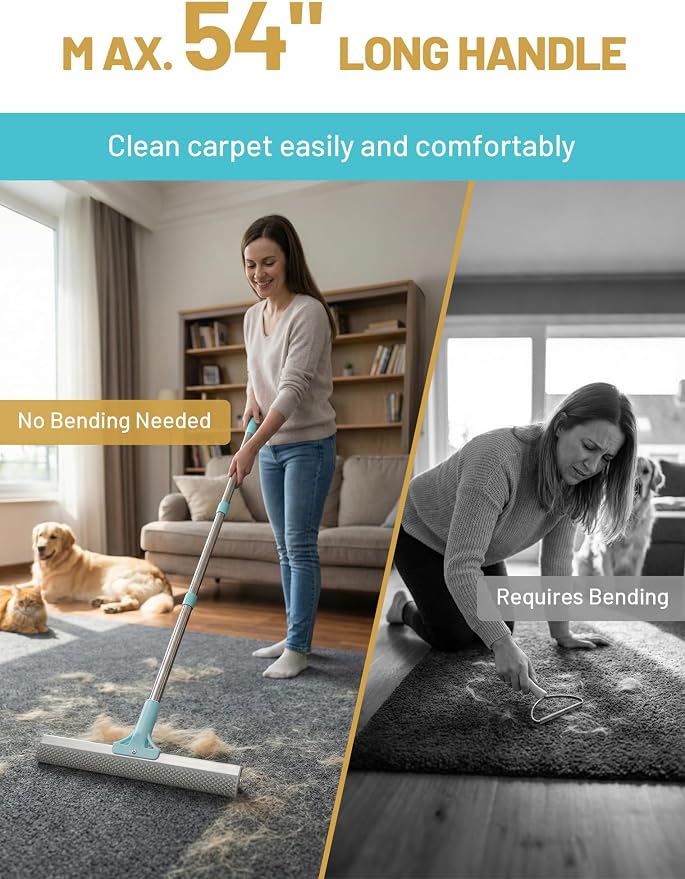 Carpet Rake for Pet Hair Removal: DELOMO Carpet Scraper Broom with 54” Adjustable Long Handle, Dual-Sided, Metal + Short Silicone for Carpets & Rugs, Extended Silicone for Shag Rugs & Hard Floors