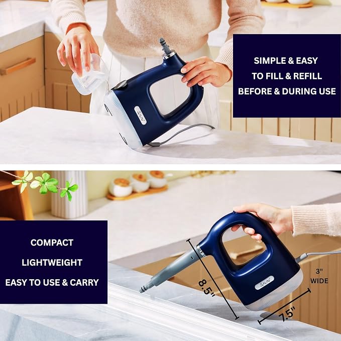 SALAV® CleanSteam Compact Steam Cleaner Pressurized Multi-Surface Handheld Steamer w/11pc Accessories, Safety Lock No-Drip Fast Heat Time Unlimited Use, for Cleaning Windows, Tiles, Grout, Car (Navy)