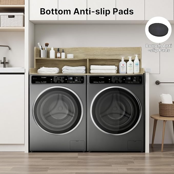 Washer Dryer Countertop with Non-Slip Pads, 2.75" H Guard, 54" W x 27.5" D Wood Laundry Countertop Cover, Large Space Washer Dryer Topper for Laundry Room Organization(Light Wood)