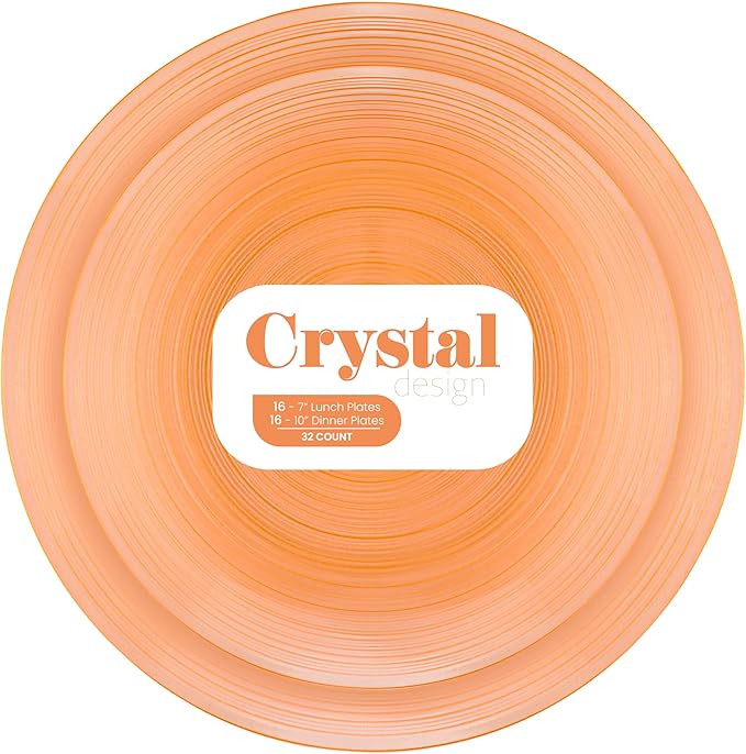 PLASTICPRO 32 Pieces Crystal Design Plastic Plates Combo Pack 7 inch and 10 inch Elegant Disposable Plates, Transparent Peach