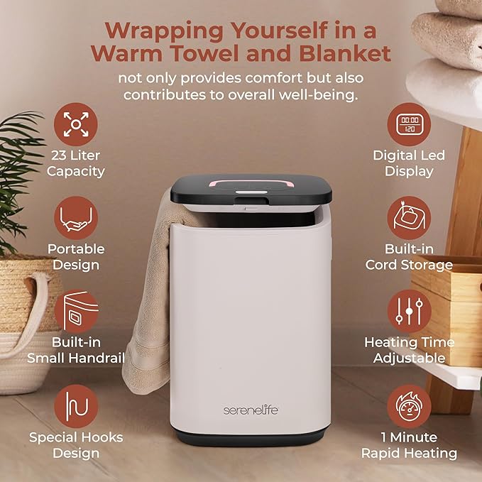 SereneLife Towel Warmer Bucket - Compact 23L Bathroom Towel Heater with Essential Oils Disc Holder, Adjustable Timer, Auto Shut-Off, Power Cord Storage & LED Display, Fits 2 Oversized Towels (Black)