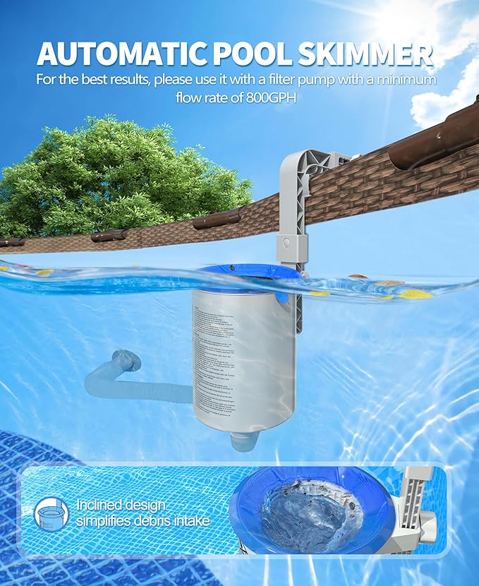 DeeprClean Upgrade Above Ground Pool Skimmer Comes with 3 Socks, Anti-tilt Wall Mount Surface Skimmer, Removable Skimmer Basket, Adjustable Height Bracket, Auto Skimming Pool Surface Leaves - Gray