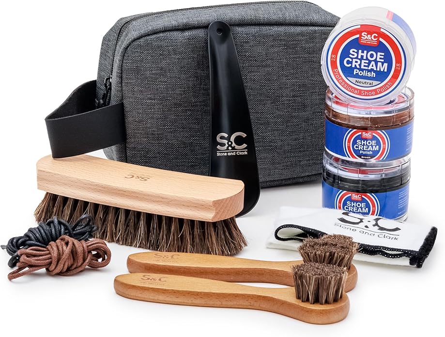 Stone and Clark 11 PC Shoe Shine Kit - Premium Shoe Polish Kit for Shoes - Black, Brown & Neutral Shoe Creams with Brushes, Laces, Buffing Cloth, Shoe Horn & More - Travel Essentials Shoe Care Kit