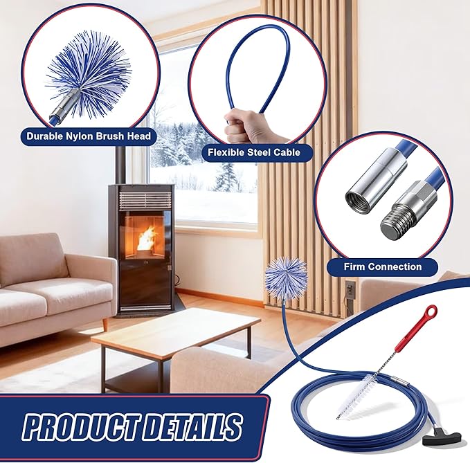 Dreyoo Pellet Stove Cleaning Brush Kit, 20 FT Flexible Steel Rod with 4" Brush Head, T Handle, Multi Purpose Flue Detail Cleaner, Nylon Stove Flue Pipe Kit for Pellet Furnace Exhaust Pipes