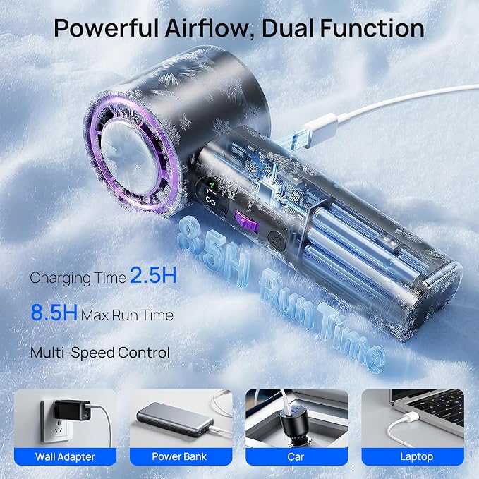 Antarctic Star Rechargeable Personal Cooling Fan with Instant Chill Function, 100-Speed Stepless Adjustment and LED Screen for Travel & Office