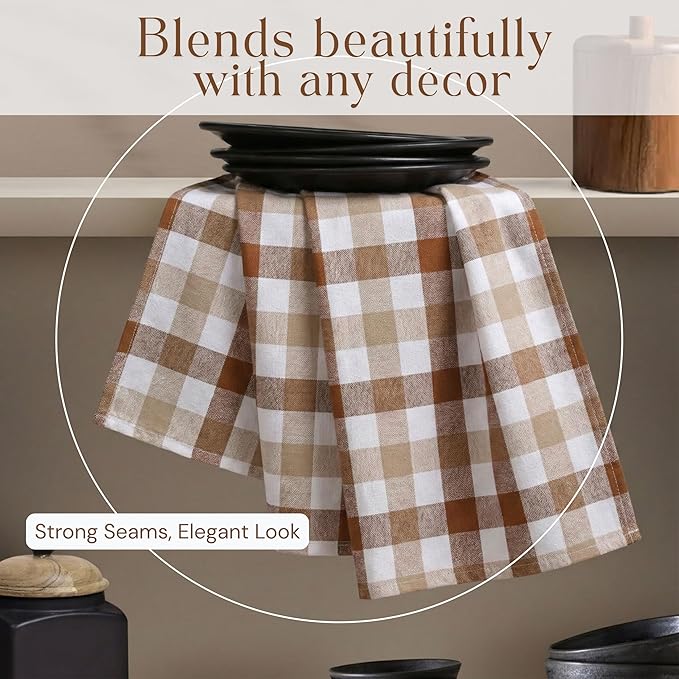 Checked Dish Towels 12 Pack, 18x26 Inches, Quick Dry Towels for Kitchen, Durable, Reusable, Absorbent Wash Cloths Set, Washable Fabric, Heavy Duty for Daily Use - Brown, Beige, White