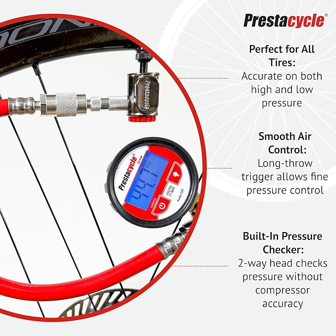 Prestaflator Bike Tire Inflator, Presta & Schrader Valve Air Compressor Tool – Works with Tubeless & Standard Tires – Bike & Car Air Compressor Tire Inflator for MTB & Road Bikes
