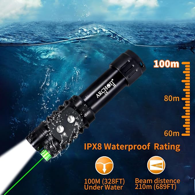 ARCHON J2 Diving Flashlight, 2-in-1 Scuba Dive Light with 1200 Lumens White Spotlight，1500 Meters Green Beam, Underwater 100 Meters Waterproof, Dual-Button Switch