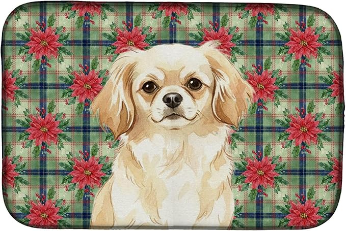 Caroline's Treasures Cream Tibetan Spaniel Christmas PoinsettIas Dish Drying Mat Absorbent Dish Drying Mat Pad for Kitchen Counter Dish Drainer Mat for Countertop, 14 x 21", Multicolor