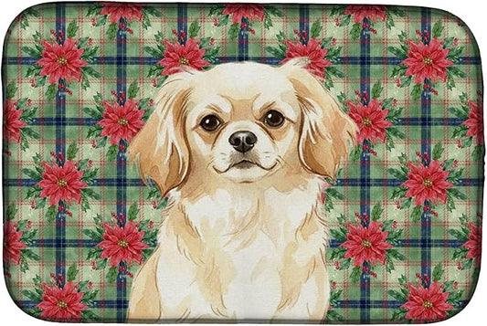 Caroline's Treasures Cream Tibetan Spaniel Christmas PoinsettIas Dish Drying Mat Absorbent Dish Drying Mat Pad for Kitchen Counter Dish Drainer Mat for Countertop, 14 x 21", Multicolor