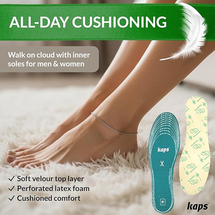 Kaps Adult Insoles with Shoe Odour Eliminator – Ultrafresh Shoe Insoles for Women & Men – Soothing Aloe-Infused for Boots, Sneakers, & Formalwear – Shoe Fresheners & Insoles