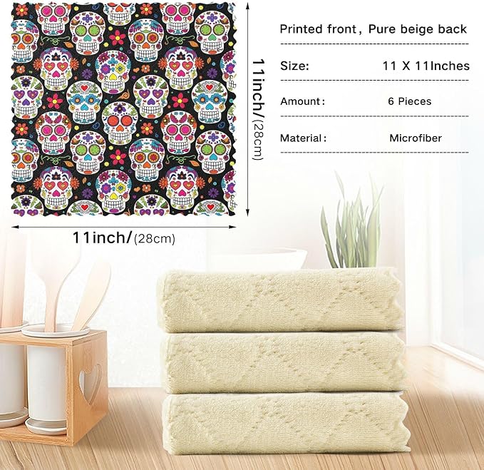 ALAZA Dish Towels Kitchen Cleaning Cloths Sugar Skull Dish Cloths Super Absorbent Kitchen Towels Lint Free Bar Tea Soft Towel Kitchen Accessories Set of 6,11"x11" 2