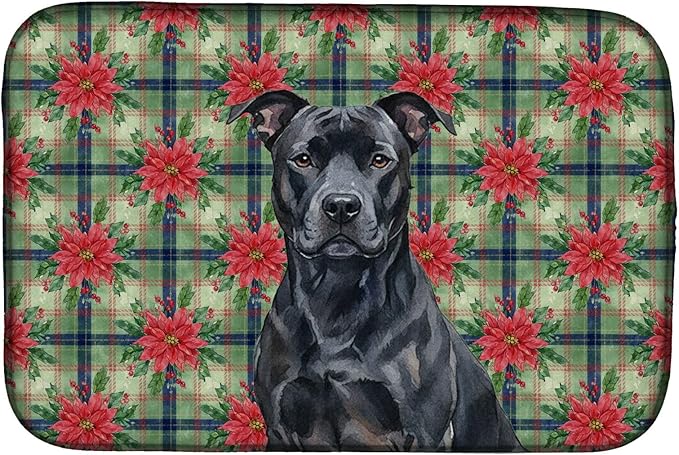Caroline's Treasures Black American Staffordshire Terrier Christmas PoinsettIas Dish Drying Mat Absorbent Dish Drying Mat Pad for Kitchen Counter Dish Drainer Mat for Countertop, 14 x 21", Multicolor