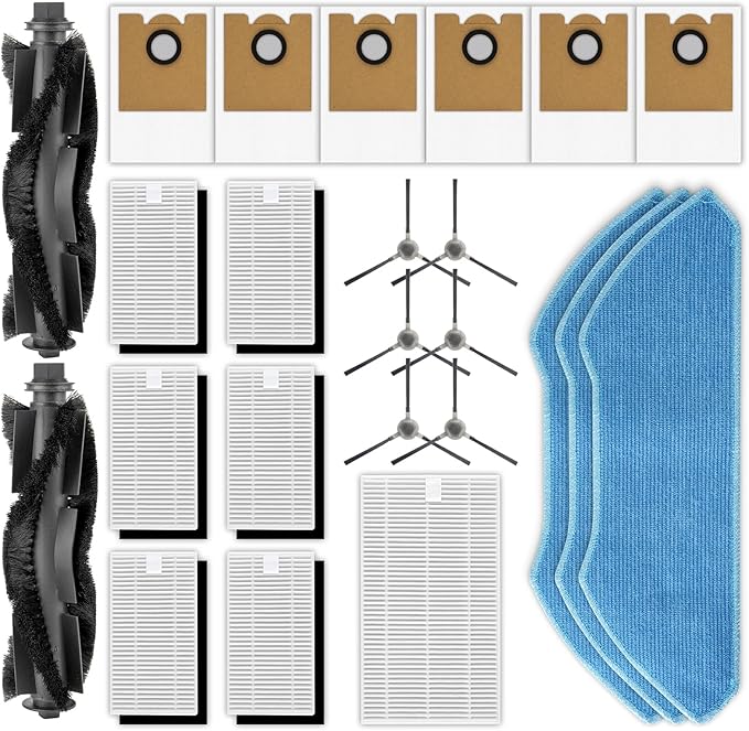 (24 Pack) M2 Pro Replacement Parts for Lefant M2 Pro/ M2S Pro Robot Vacuum, 2 Roller Brushes, 6 Side Brushes, 6 HEPA Filters with Foam Filters, 3 Mop Pads, 6 Dust Bags, 1 HEPA Filter for Base Station
