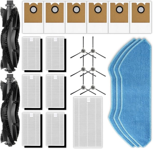 (24 Pack) M2 Pro Replacement Parts for Lefant M2 Pro/ M2S Pro Robot Vacuum, 2 Roller Brushes, 6 Side Brushes, 6 HEPA Filters with Foam Filters, 3 Mop Pads, 6 Dust Bags, 1 HEPA Filter for Base Station