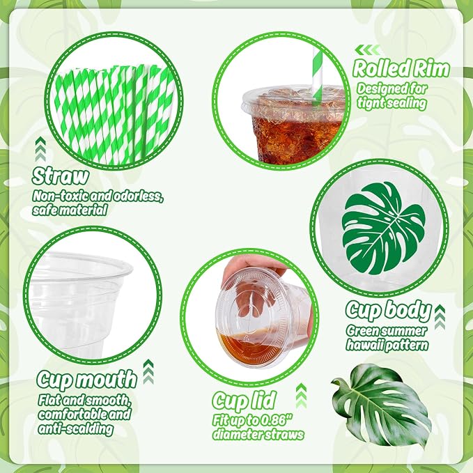 Whaline 50Pcs Tropical Palm Leaf Disposable Plastic Cups with Lids and Straws 12Oz Green Monstera Cold Beverage Drinking Cup for Summer Hawaiian Luau Birthday Party Supplies