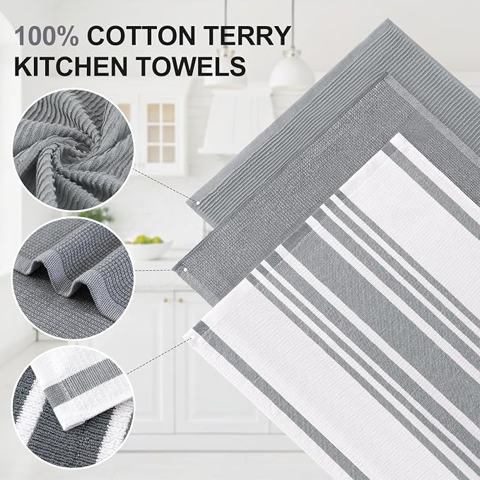 Homaxy Premium Kitchen Towels(18”x 28”, 3 Pack), Large Cotton 380 GSM Kitchen Hand Towels, Soft and Absorbent Terry Dish Towels, Multipurpose Tea Towel Set with Hanging Loop, Grey