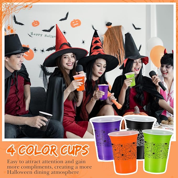 Pickmesh 120 Pcs Halloween Plastic Cups 16 oz Disposable Coffee Cup Spider Web Decoration Hot Cold Drink Wine for Halloween Party Favors Supplies