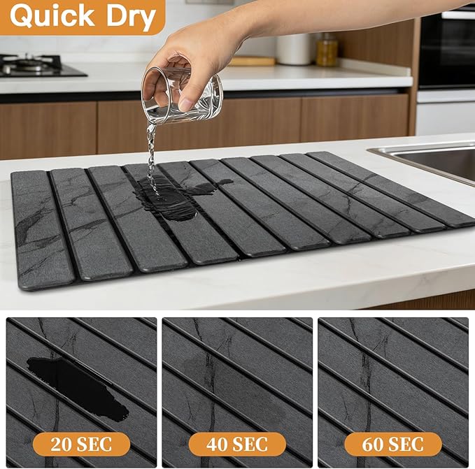 Stone Dish Drying Mat for Kitchen - Upgrade Kitchen Counter Mats Quick Dry for Dishes Cups - Foldable Super Absorbent Diatomaceous Earth Drying Coasters No Water Stains (24"×16"/ 8"x4")