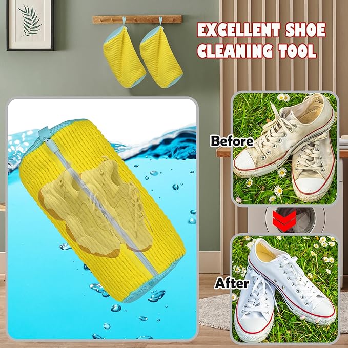 Shoe Washing Machine Bag, Laundry Shoe Bag for Washer and Dryer, Reusable Shoe Cleaning Bag for Sneaker Tennis Shoes Unstain Cleaner Kit (10-PCS Complete Set for Easy Washing & Drying) Yellow