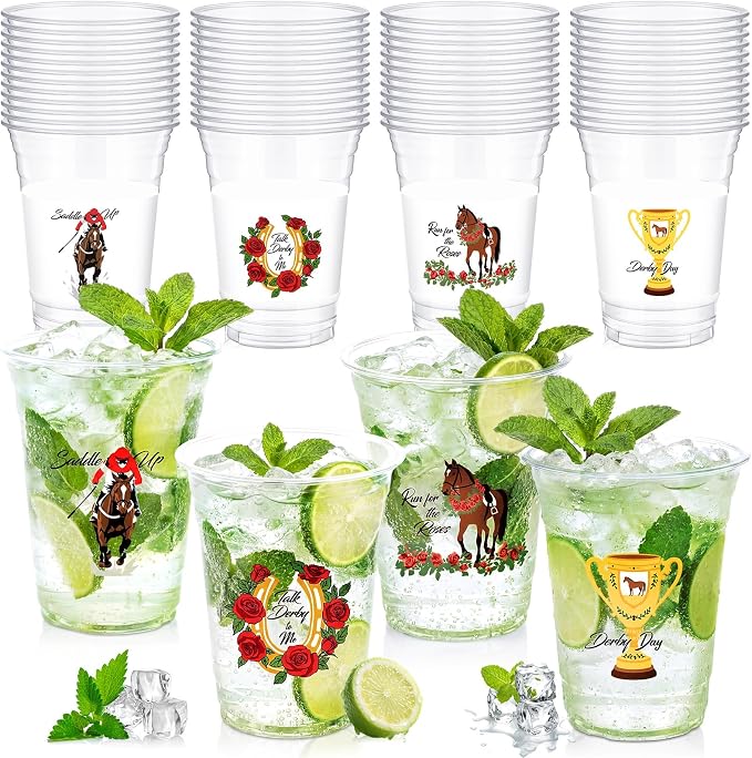Willinglong 100 Pcs Plastic Derby Cups Bulk 16 oz Horse Racing Party Clear Thick Reusable Tumbler Cups Derby Party Supplies for Decoration Cocktails Beer Events, 4 Style