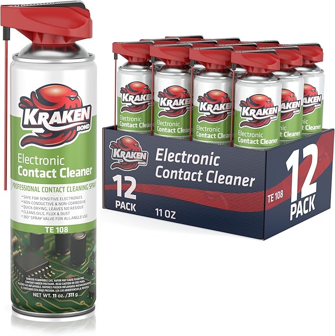 KRAKEN BOND Electronic Contact Cleaner Spray – (12X11 Oz) – Fast-Drying, Residue-Free, Non-Conductive Cleaner for Sensitive Electronics, Automotive, Circuit Boards & Connectors – 12 Pack