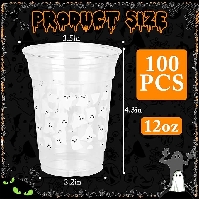 AimFun Halloween Ghost Plastic Cups White Black Ghosts Disposable Party Cup Cute Boo Spooky 12oz Clear Cups for Candy Beverage Snacks Birthday Baby Shower Party Supplies (100, Ghosts)