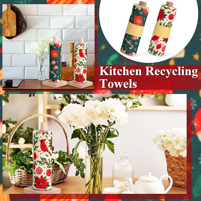 Redbaker 50 Pcs Reusable Paper Towels Paperless Reusable Cotton Cloths Toilet Absorbent Washable Paper Towels with Roll Kitchen Dishcloth for Kitchen Paperless Dishcloths(Christmas Style)
