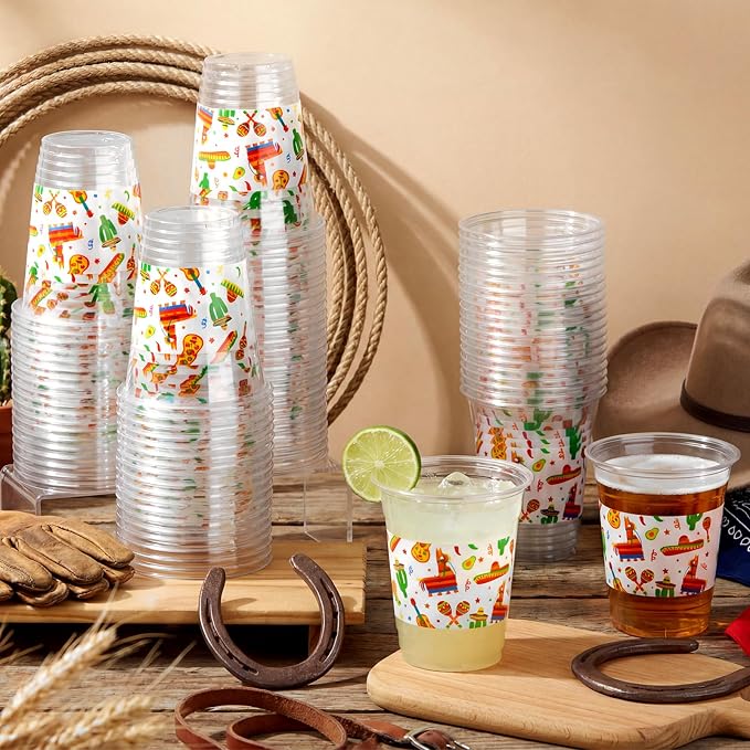 100 Pcs Fiesta Plastic Cups 12 oz Mexican Disposable Clear Plastic Drinking Cups Bulk for Cinco De Mayo Fiesta Taco Mexican Birthday Party Decoration Supplies