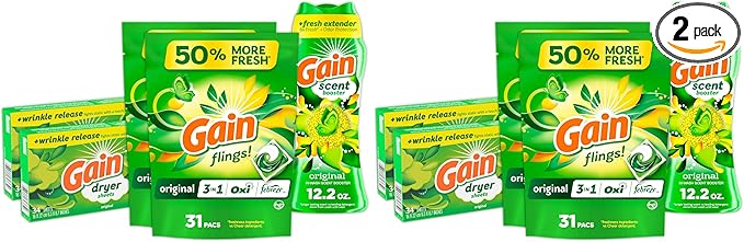 Gain Laundry Bundle: Gain Flings Laundry_Detergent Pacs (2x35ct), Dryer Sheets (2x34ct), Fireworks Laundry-Scent Booster Beads (14.8oz)(Pack of 2)