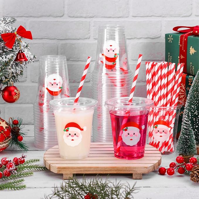 Whaline 50 Pcs 12 Oz Christmas Disposable Plastic Cups with Lids and Straws Santa Claus Face Cold Beverage Drinking Cups for Winter Xmas Birthday Party Supplies