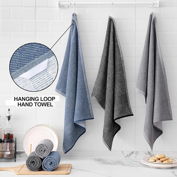 Homaxy Premium Kitchen Towels(18”x 28”, 3 Pack), Large Cotton Kitchen Hand Towels, Flat and Terry Dish Towels, 380 GSM Highly Absorbent Tea Towel Set with Hanging Loop, Navy Blue/Grey/Black