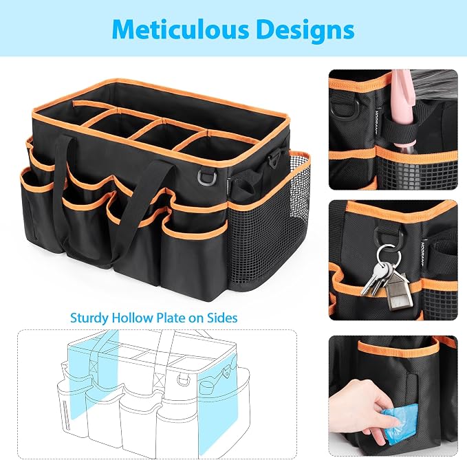 HODRANT Extra-large Wearable Cleaning Caddy & Large Cleaning Apron, Cleaning Organizer Bag with Pad, Handle & House Cleaning Apron with Dual Shoulder Straps For Cleaning Tools Storage, Orange Edge