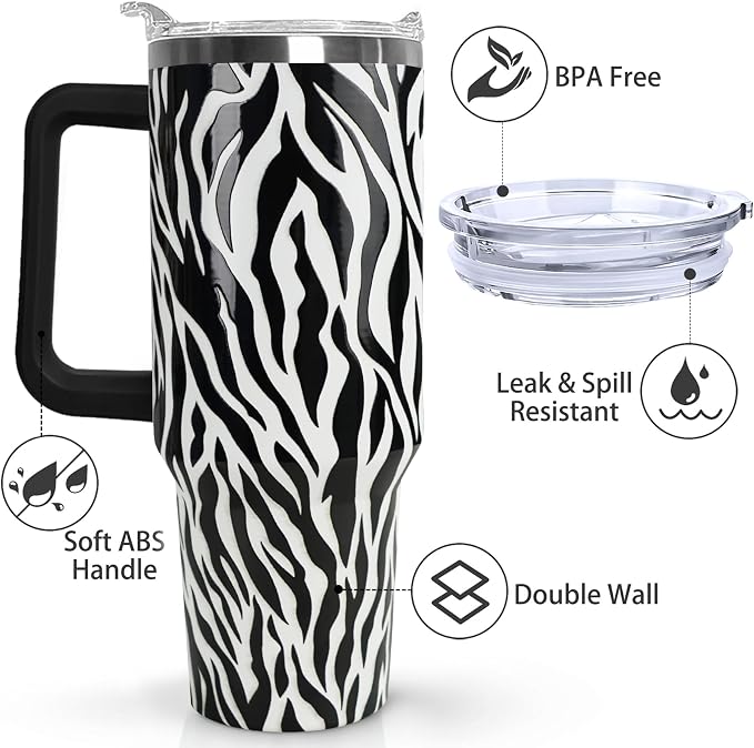 Ceovfoi 40 Oz Leopard & Zebra Print Tumbler With Handle, Lid & Straw - Insulated Travel Coffee Mug Water Bottle, Animal Print Gifts for Women Men
