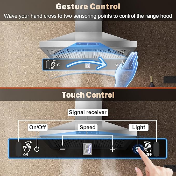 24 Inch Range Hood, Ducted/Ductless Range Hood 450CFM, Wall Mount Kitchen Hood in Stainless Steel, Gesture Sensing & Touch Control, 3 Speed Fan, 2 Pcs Baffle Filters