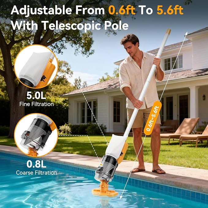 Cordless Pool Vacuum with Telescopic Pole, Powerful 30 GPM Suction, Advanced Dual Filtration, Replaceable Battery, Handheld Rechargeable Pool Cleaner for Above Ground and Inground Pools, Orange