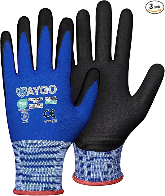 KAYGO Safety Work Gloves MicroFoam Nitrile Coated, 3 Pairs KG18NB,Seamless Knit Nylon Glove with full fingers Touchscreen, Ideal for Automotive,Warehouse,Construction (Small, Blue)